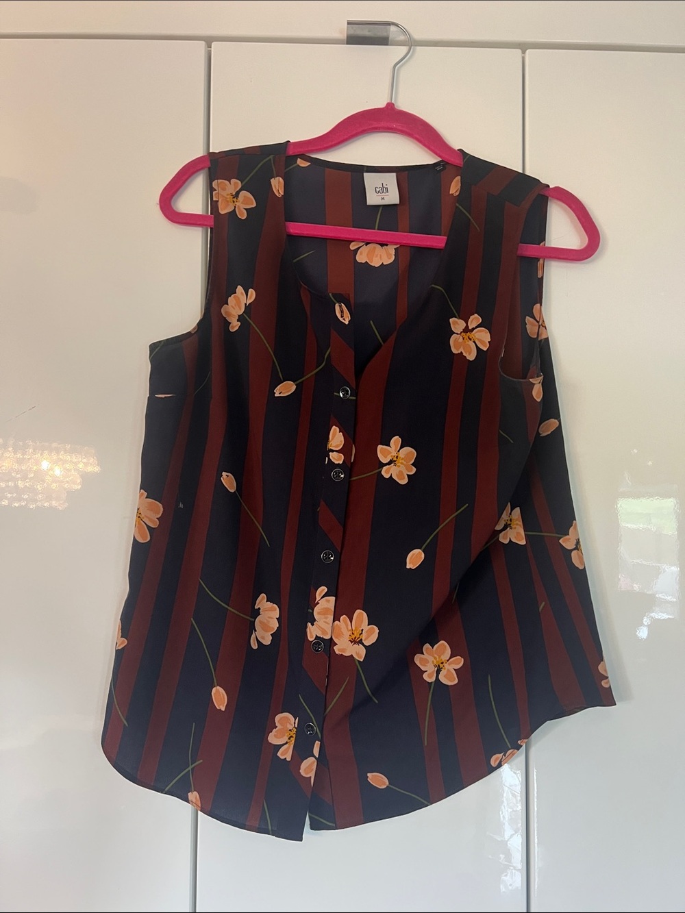CAbi Navy and Burgundy Striped Floral Button Tank